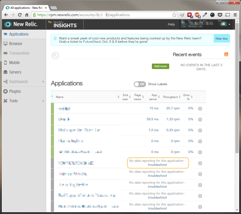 New Relic Application Dashboard