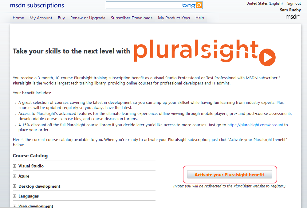 Pluralsight's site for singing up through MSDN subscription