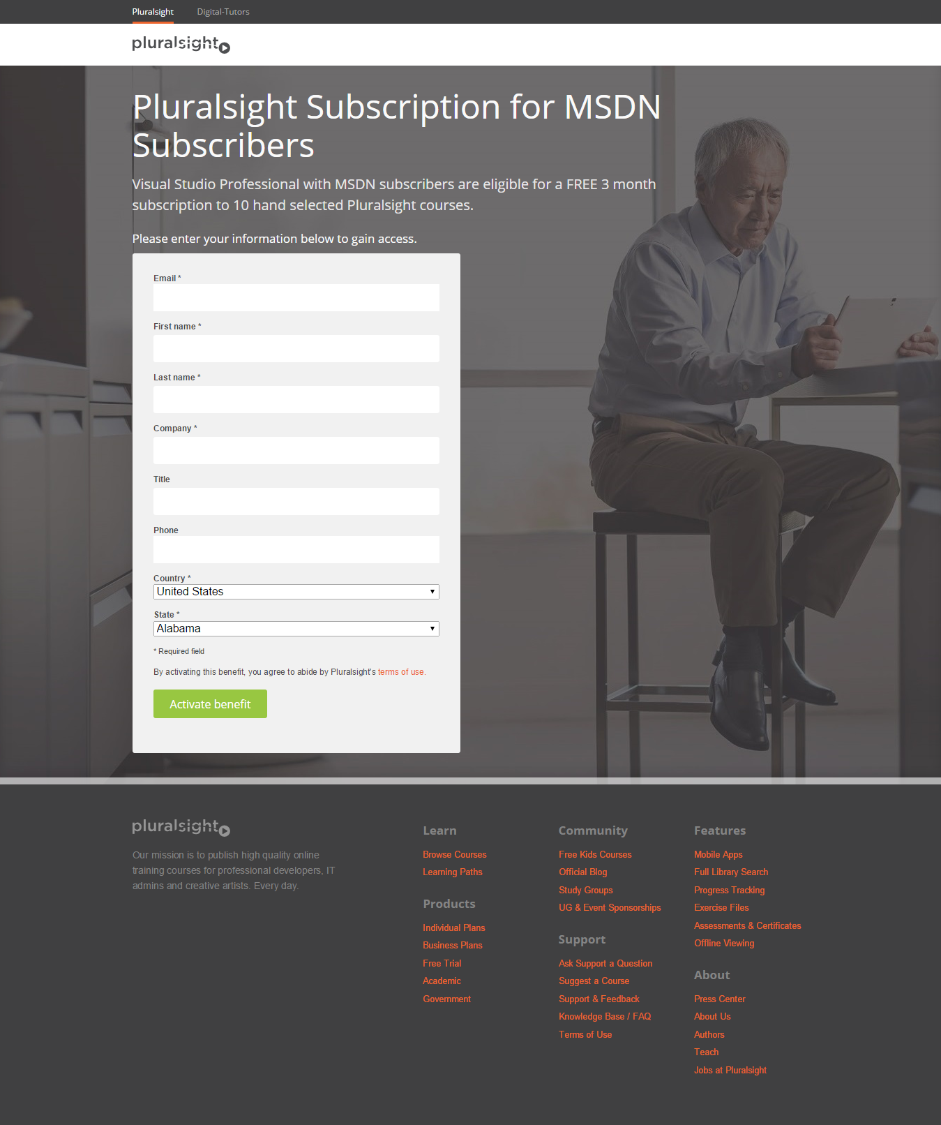 Pluralsight's MSDN signup page