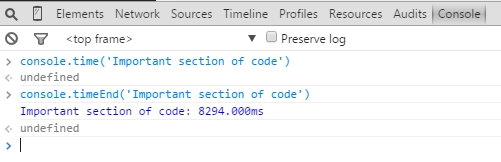 Screenshot of Chrome DevTools using console.time()