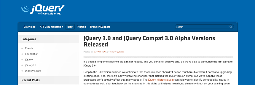 jQuery 3.0 alpha blog post screenshot