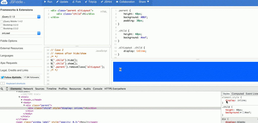 Screenshot of jsFiddle showing the inconsistent display value  after using show()