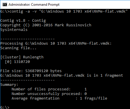 Windows command prompt contig showing 1 segment