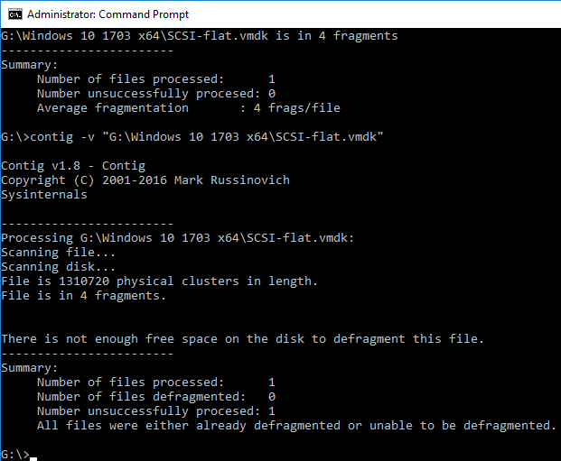 Windows command prompt contig showing 1 segment